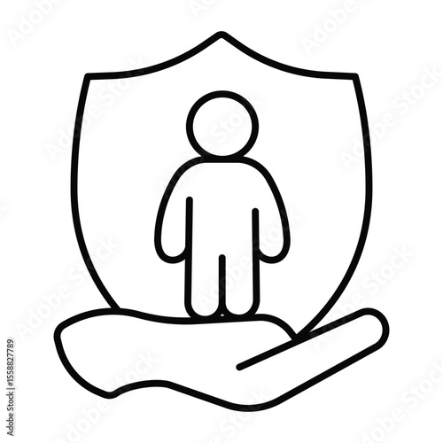 Child care and safety emblem thin line icon, family lawyer concept. Vector graphics. Hand with child on shield, human rights sign on white background, style mobile or design.