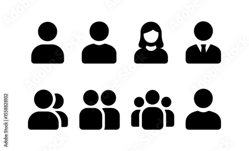 Simple black silhouette icons of people in various configurations