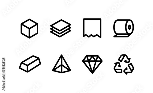 Minimalist icon set featuring cube, paper, roll, gold bar, pyramid, diamond, and recycling symbols