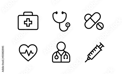 Medical icons set: stethoscope, pills, syringe, doctor, heartbeat, first aid kit
