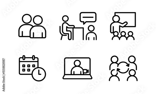 Business communication icons: meeting, presentation, calendar, video call