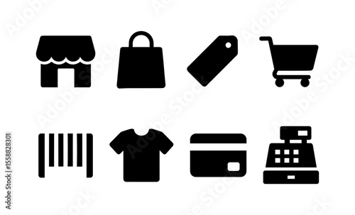 Essential shopping icons: storefronts, bags, tags, and more for modern retail needs