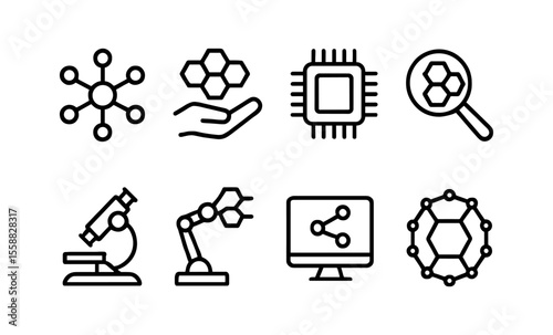 Set of technology and science icons: microscope, microchip, hexagons, network, and robotics symbol