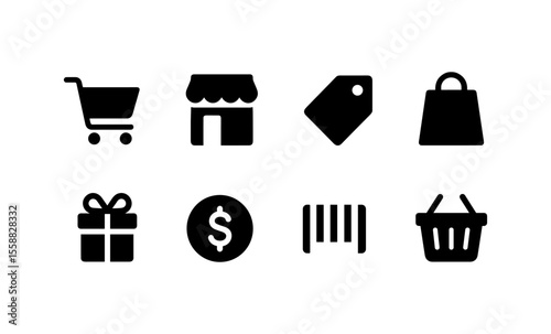 Shopping icons set: cart, storefront, tag, bag, gift, dollar, barcode, basket