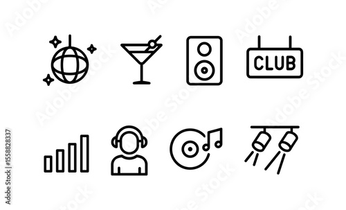 Nightlife icon set: disco, cocktail, speaker, club, music, dj, dance, party, entertainment, audio