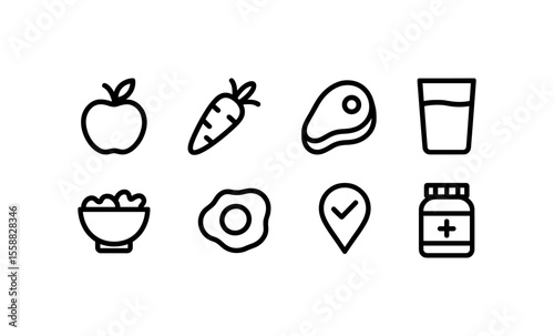 Minimalist icons of healthy nutrition: fruits, vegetables, protein, and supplements