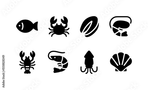 Silhouette icons of seafood: fish, crab, mussel, lobster, shrimp, squid, shell