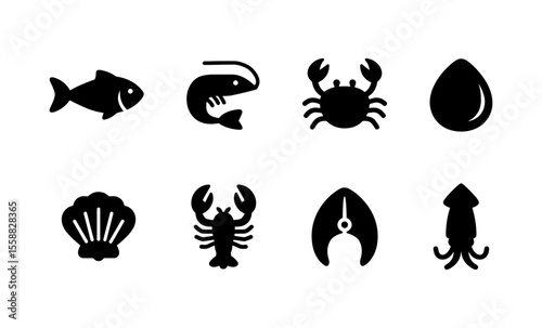 Set of seafood icons: fish, shrimp, crab, shell, lobster, squid in black silhouettes