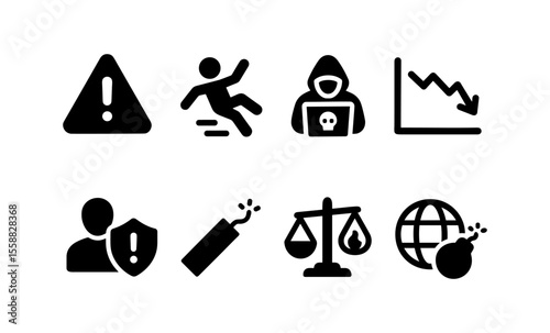 Warning and risk icons: safety, cybersecurity, finance, and global issues symbols