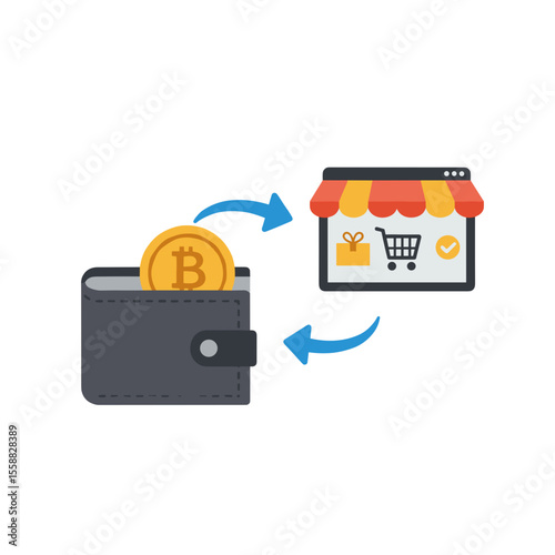 Digital wallet exchanging Bitcoin with online shopping platform  