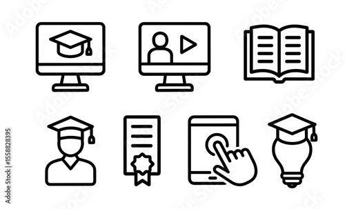 E-learning icons: online education, video tutorials, digital certification, and interactive learning