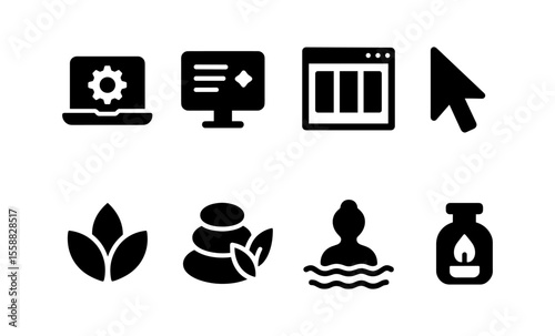Technology and wellness icons: computer settings, communication, web interface, spa, meditation, and aromatherapy