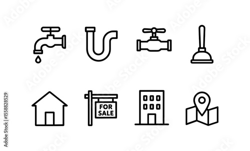 Plumbing and real estate icons: house, pipe, tap, building, and map symbols