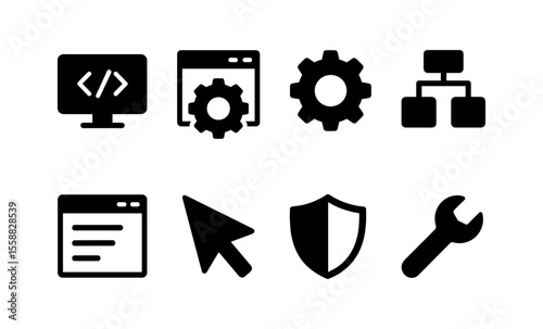 Vector icons for web development and software tools: code, gear, structure, interface, security, navigation, tools