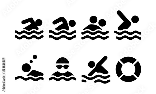 Swimming icons set: diverse aquatic activities and safety symbols