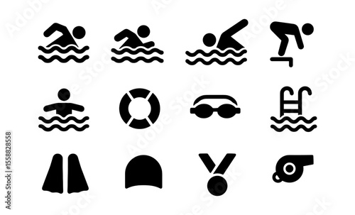 Swimming icons: diverse designs for aquatic sports and safety essentials