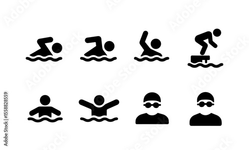 Minimalistic swimming icons: pictograms of diverse swimming styles and activities