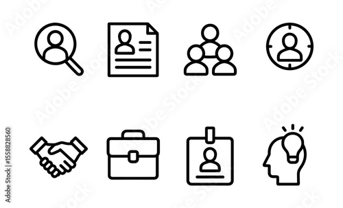 Business icons set: recruitment, teamwork, planning, handshake, briefcase, idea
