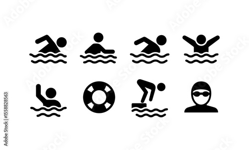 Swimming icon set featuring swimmers, life buoy, goggles, and diving pose