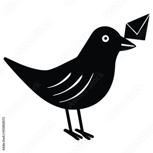 Black silhouette of a bird carrying an envelope in its beak on a white background