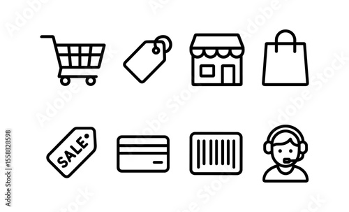 Minimalist shopping icons: cart, tag, storefront, bag, sale, card, barcode, support