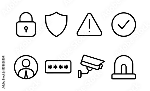 Minimalist security icons featuring lock, shield, alert, check, camera, and password designs