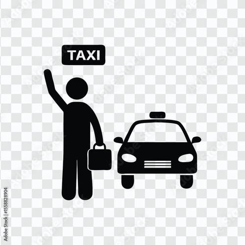 "Taxi Ride Icon with Passenger Hailing a Cab for Transportation Service"