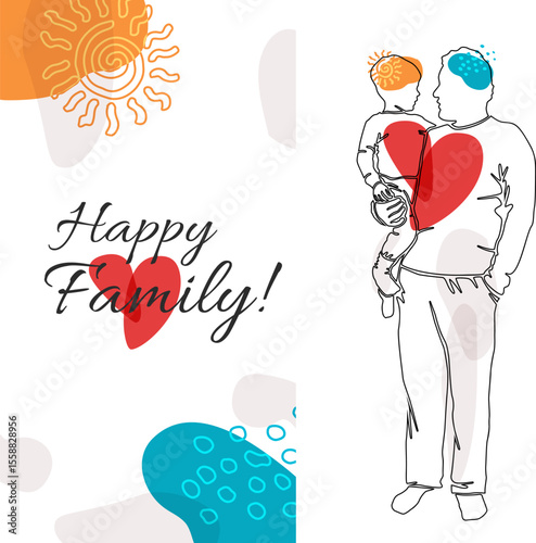 Father and son. Happy family. Father holds his child on his arms.  Vertical posters set. Fathers day vector illustration with line art and colorful  shape decoration elements.
