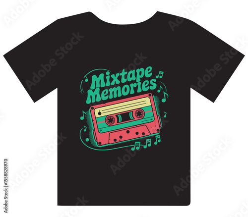 Retro Cassette 'Mixtape Memories' T-Shirt Design with Music Notes" or "Vintage Audio Cassette and Musical Elements Graphic Tee