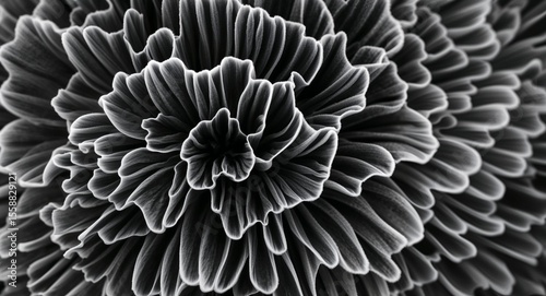 Close up of a black and white flower with many layered petals creating a textured abstract design