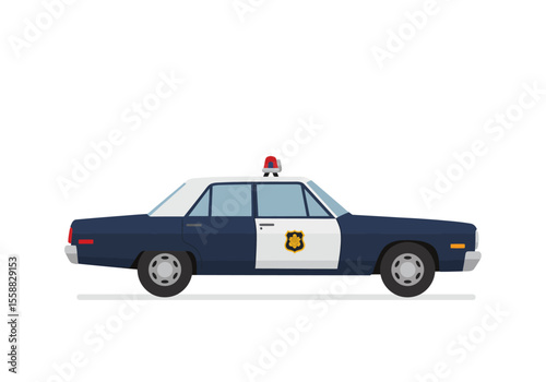 A blue and white police car with a red light on top