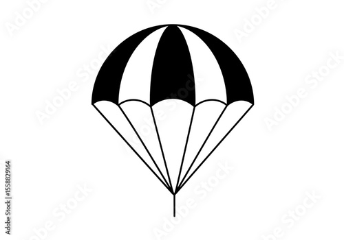 A blackandwhite parachute with alternating stripes held by lines converging at a point below