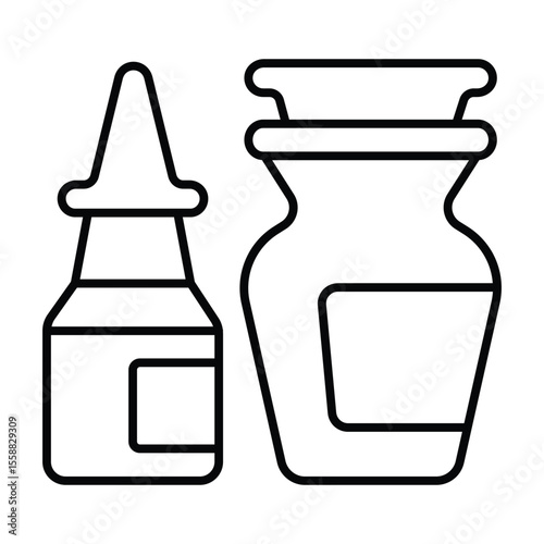 Bottle and jar of cold medicine thin line icon, pharmacy concept. Vector graphics. Medicine bottle pair sign on white background, style mobile or design.
