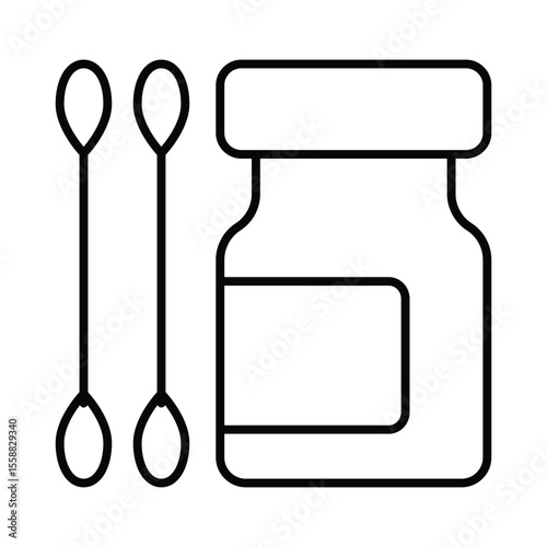 Two ear swabs and jar thin line icon, pharmacy concept. Vector graphics. Jar of medicine and swab stick pair sign on white background, style mobile or design.