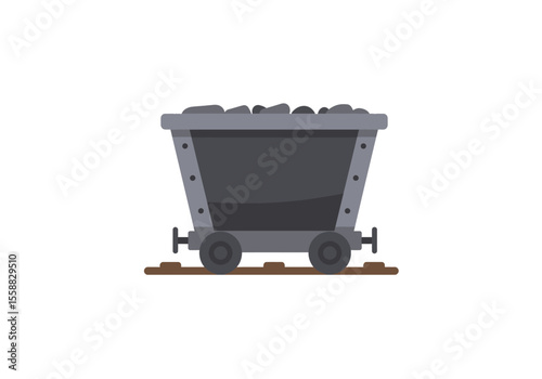 A flat vector image of a gray coal mining cart on a brown rail track