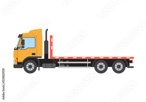 A flatbed truck with a yellow cab and red flatbed set against a white background
