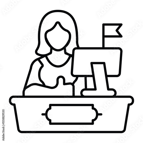 Cashier woman at desk with monitor and flag thin line icon, pharmacy concept. Vector graphics. Pharmacist point, shopping sign on white background, style mobile or design.