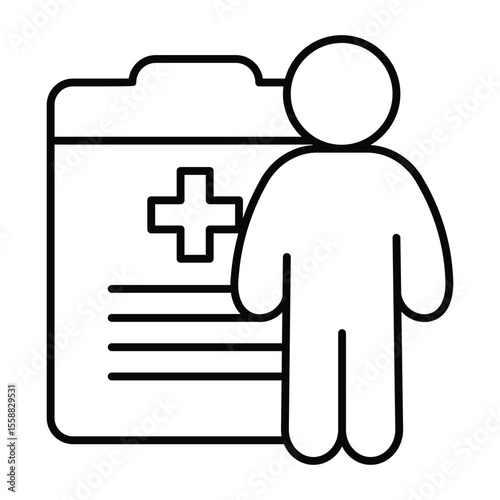 Medical report clipboard with human thin line icon, pharmacy concept. Vector graphics. Document with medical cross and man sign on white background, style mobile or design.