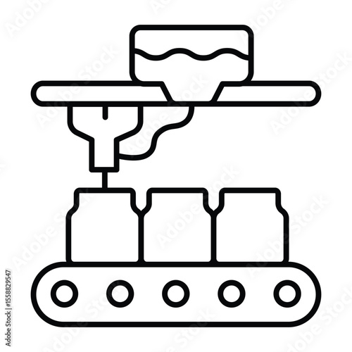 Faucet tap at conveyor and jars thin line icon, pharmacy concept. Vector graphics. Conveyor belt with jar medicine product sign on white background, style mobile or design.