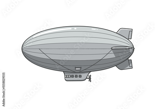 A gray blimp floats featuring passenger cabin propeller and horizontal stabilizer fins against a white backdrop