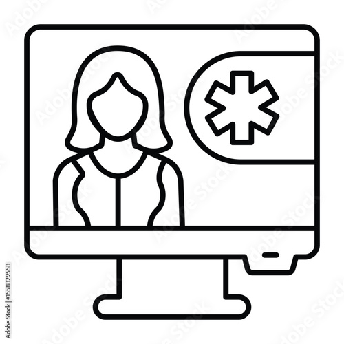Monitor screen with medical consultant thin line icon, pharmacy concept. Vector graphics. Display with woman, tele medicine sign on white background, style mobile or design.