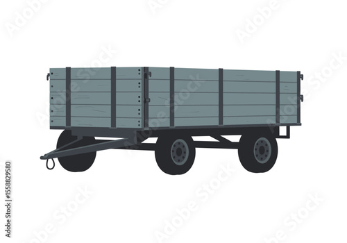 A gray farm trailer with wooden planks and two axles