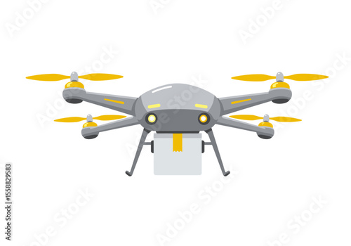 A gray drone carries a white package tied with yellow ribbon against a white background