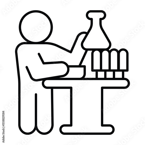 Scientist man with glass beaker on table thin line icon, pharmacy concept. Vector graphics. Laboratory worker with flasks sign on white background, style mobile or design.