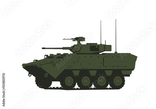 A green army vehicle with a turret gun and antennas against a white backdrop