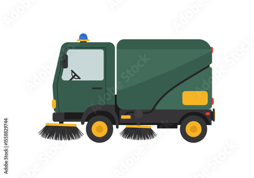 A green street sweeper truck with spinning brushes on a white background