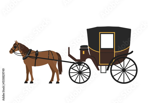 A horsedrawn carriage is set against a stark white backdrop