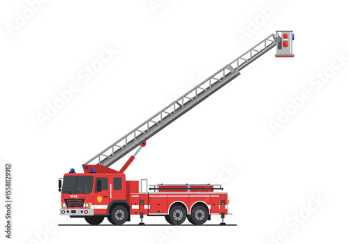 A red fire truck extends its ladder equipment set on a white background