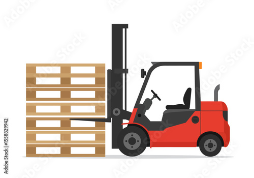 A red forklift raises a stack of wooden pallets
