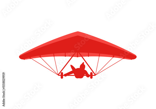A red hang glider with a pilot viewed from below against a white background